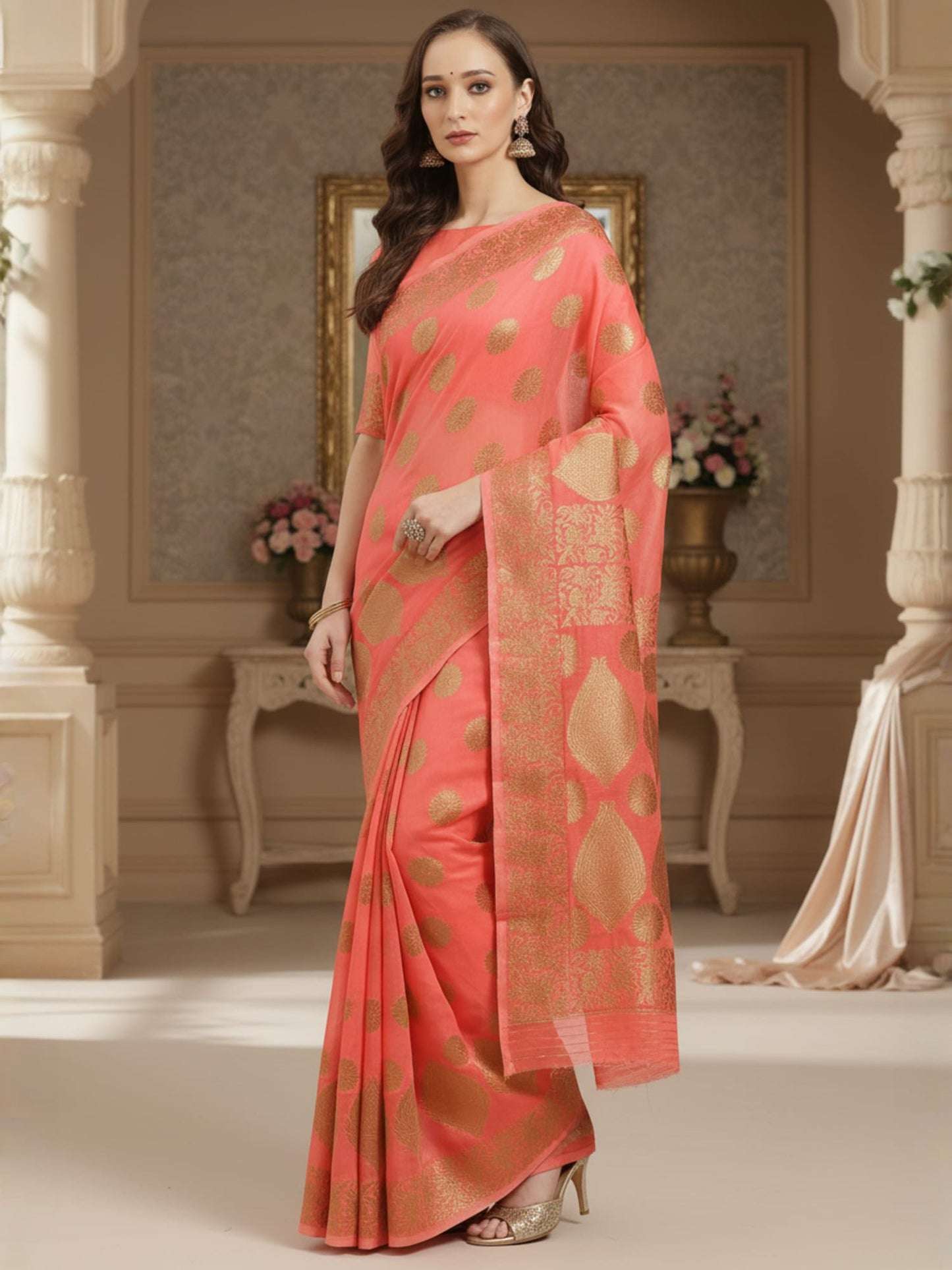 Peach Banarasi Silk Blend Woven Saree