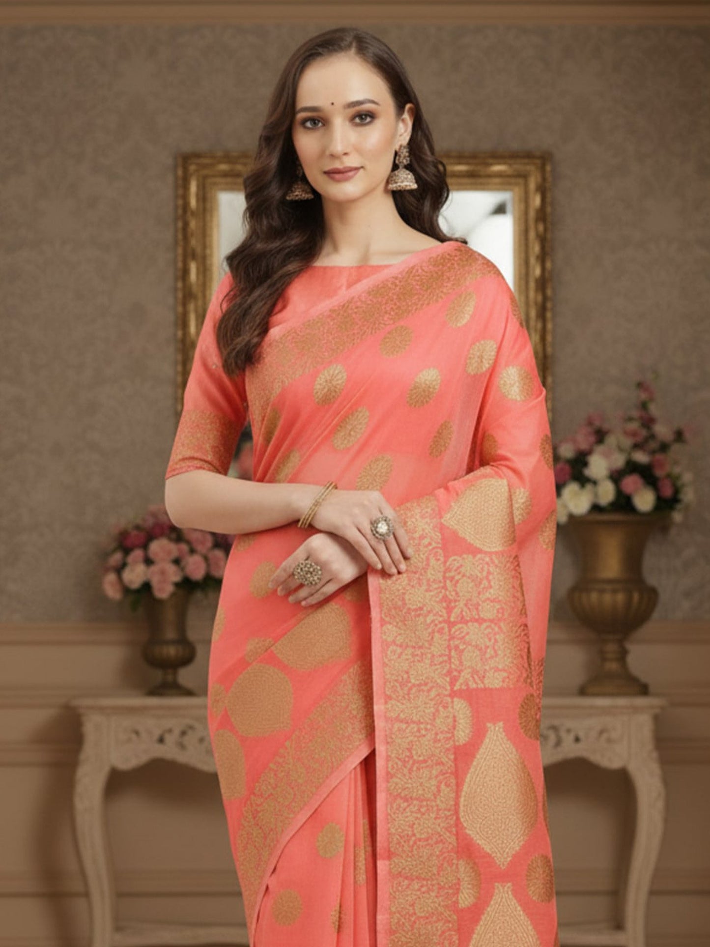 Peach Banarasi Silk Blend Woven Saree