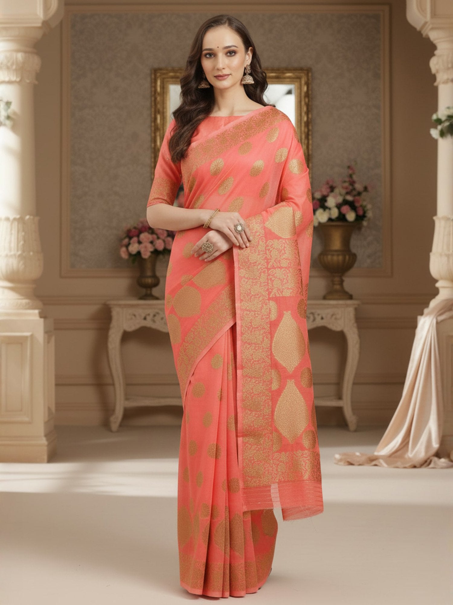 Pink Peach Banarasi Silk Blend Woven Saree