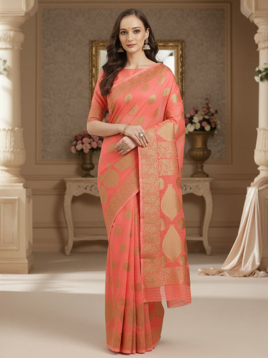 Pink Peach Banarasi Silk Blend Woven Saree