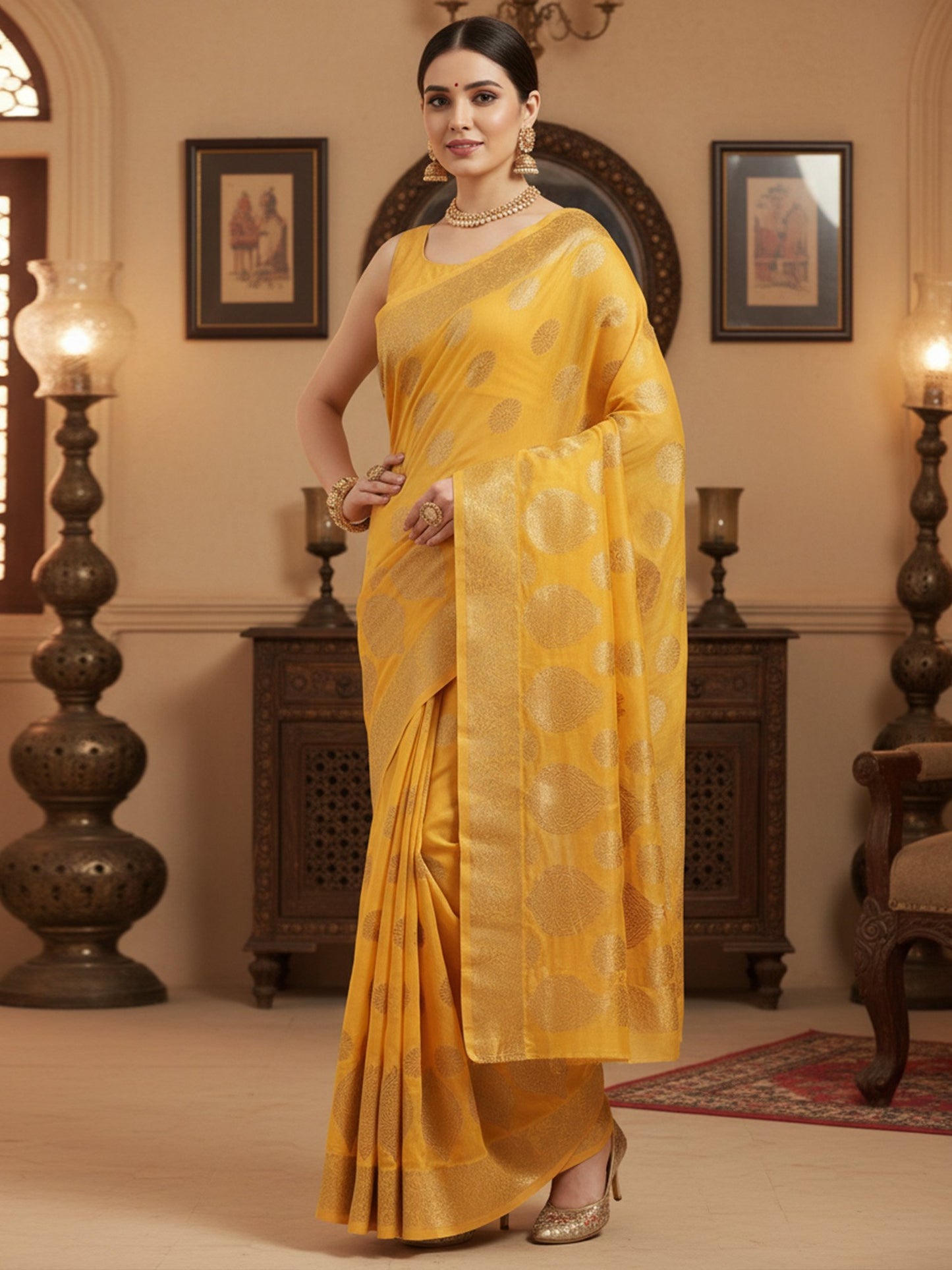Mustard Banarasi Silk Blend Woven Saree