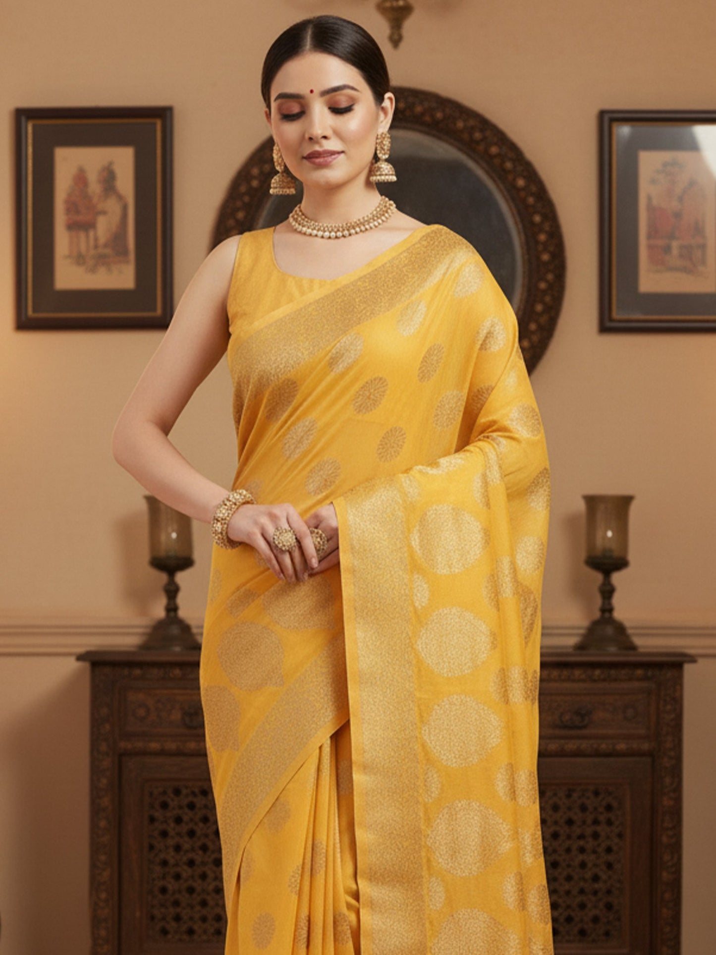 Mustard Banarasi Silk Blend Woven Saree