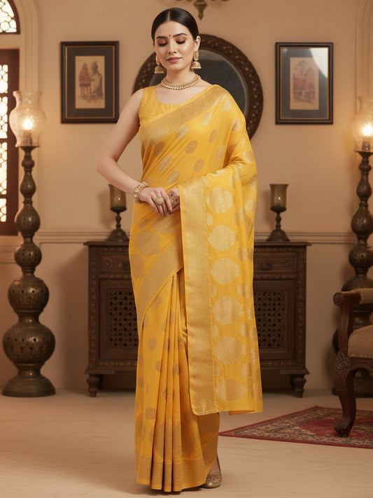 Yellow Mustard Banarasi Silk Blend Woven Saree