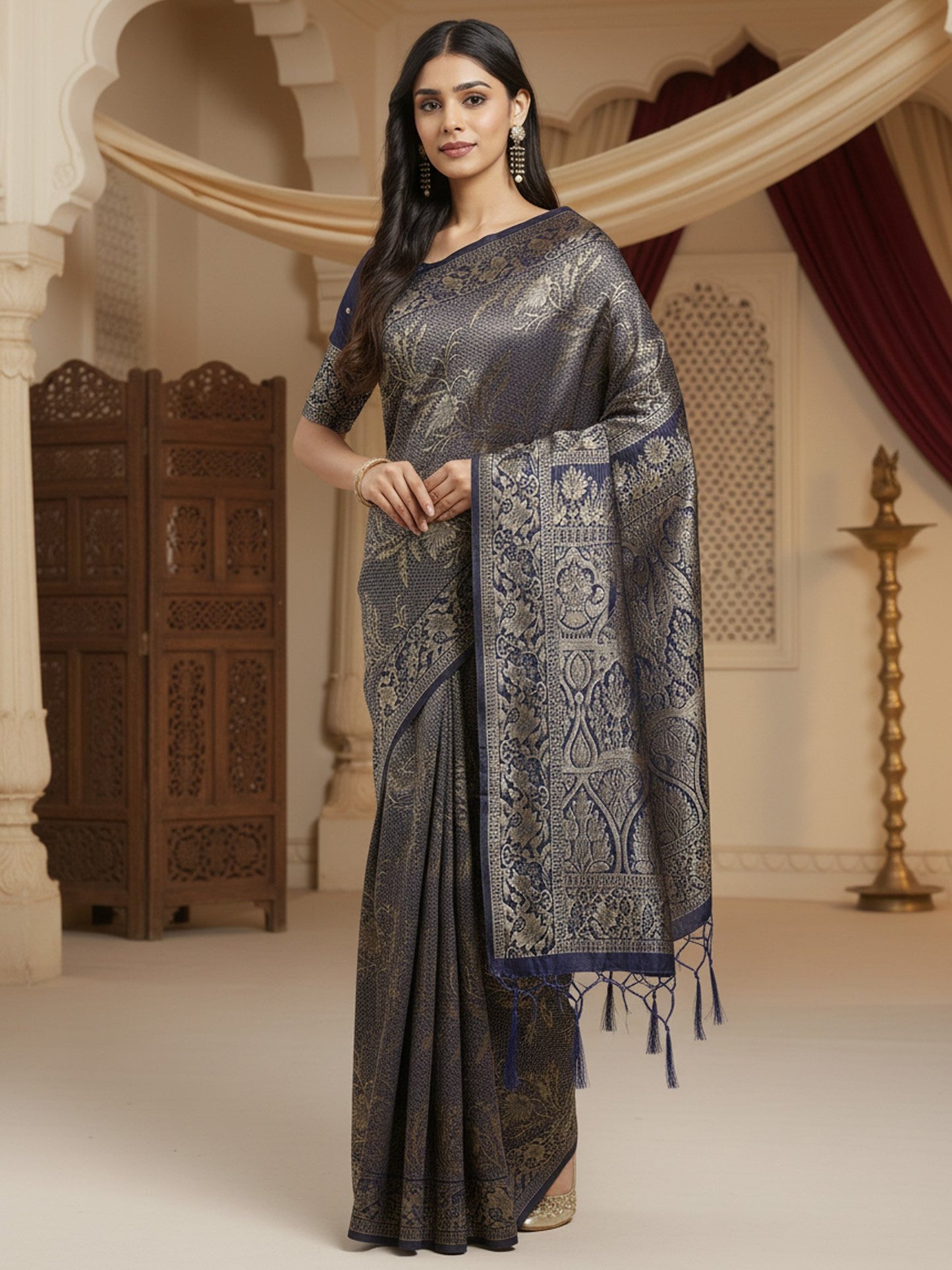 Navy Banarasi Silk Blend Woven Saree