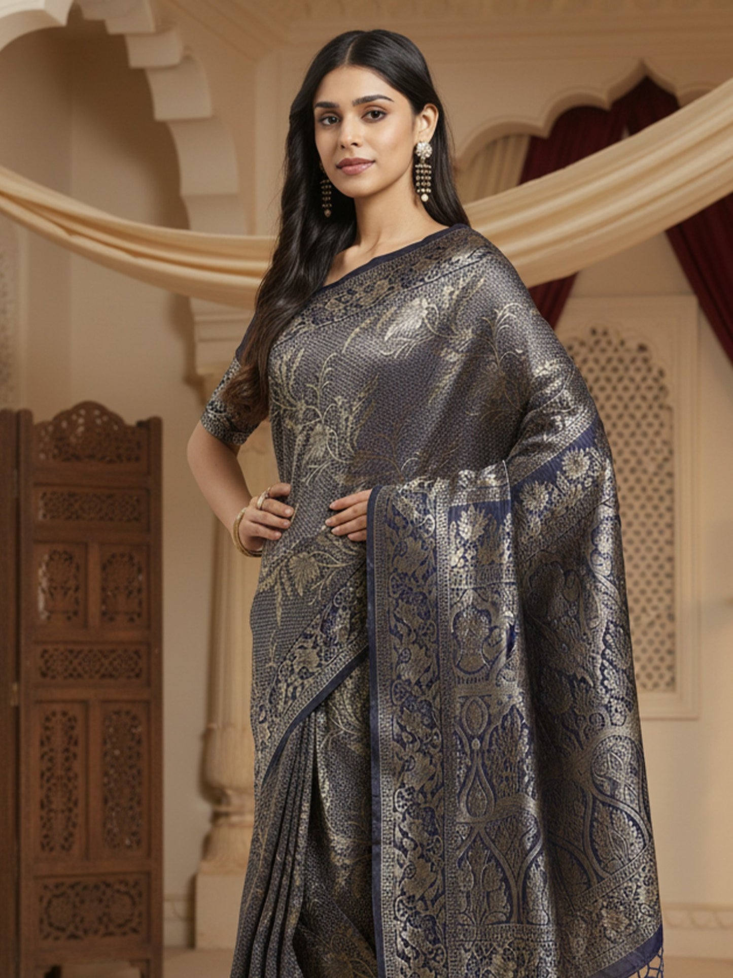 Navy Banarasi Silk Blend Woven Saree