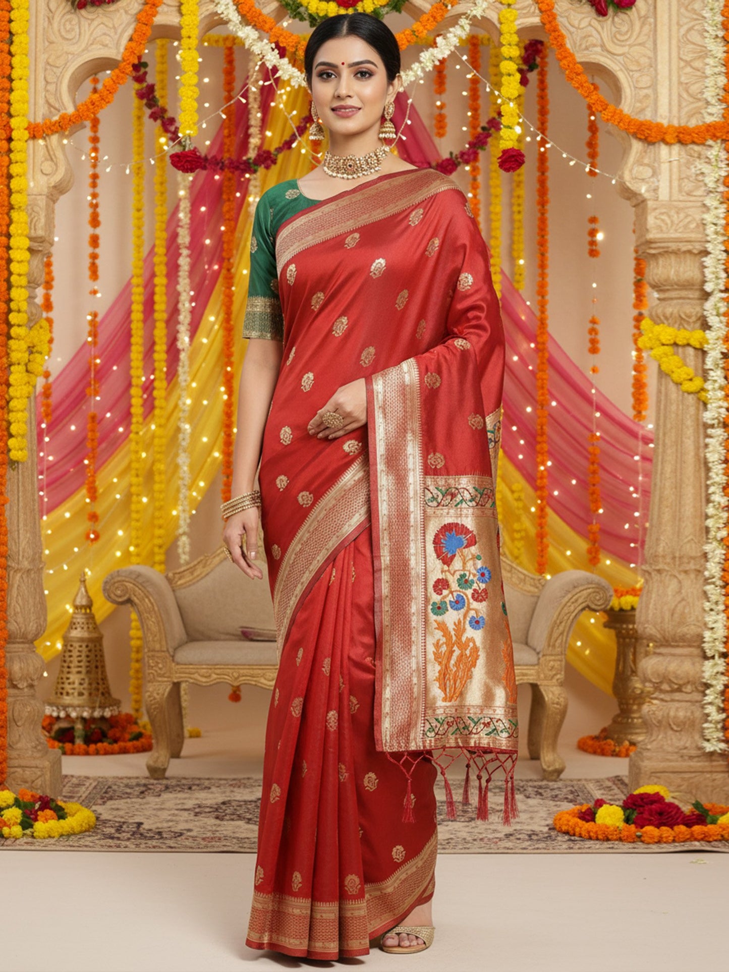 Red Banarasi Silk Blend Woven Saree