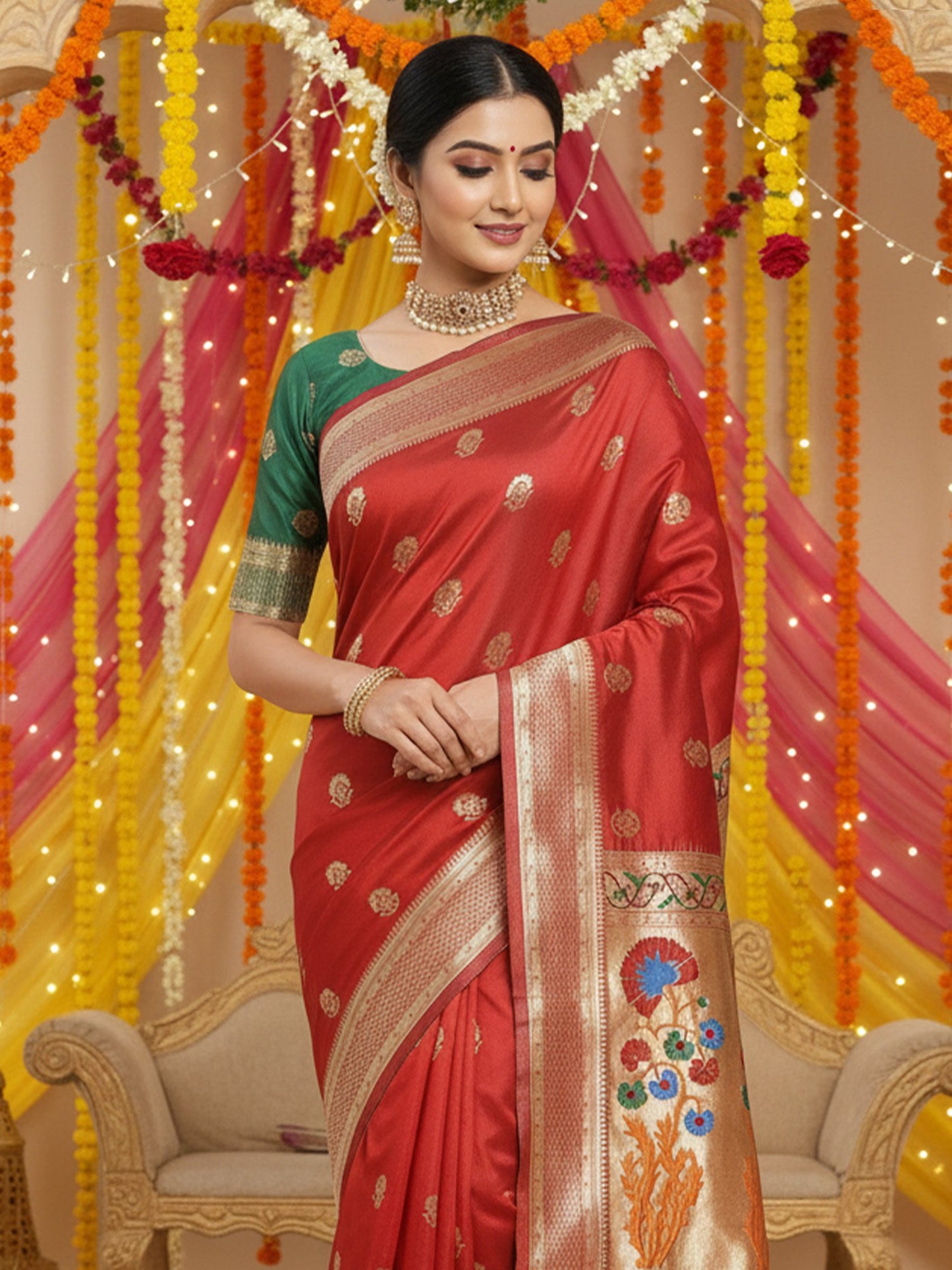 Red Banarasi Silk Blend Woven Saree
