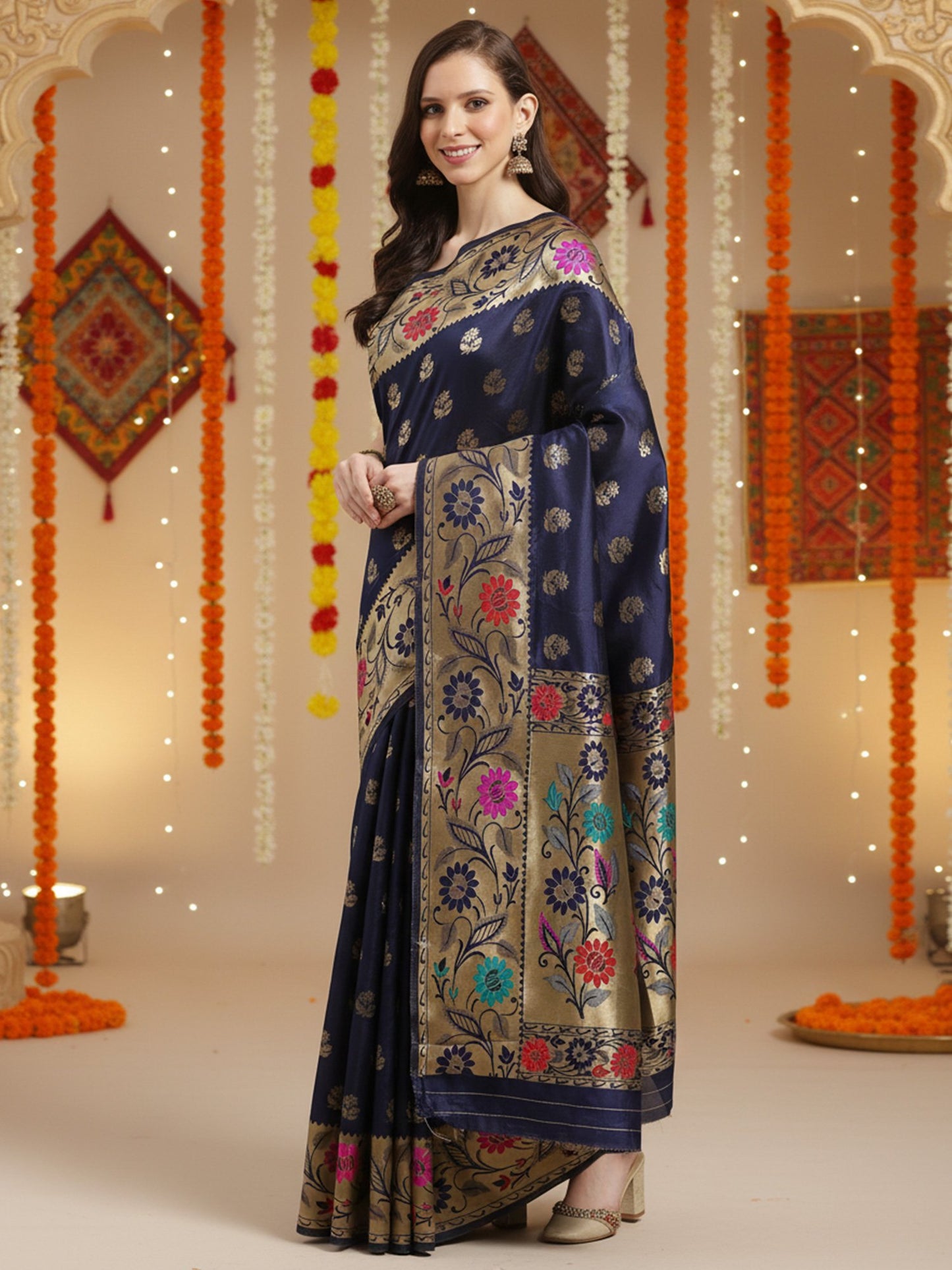 Navy Banarasi Silk Blend Woven Saree