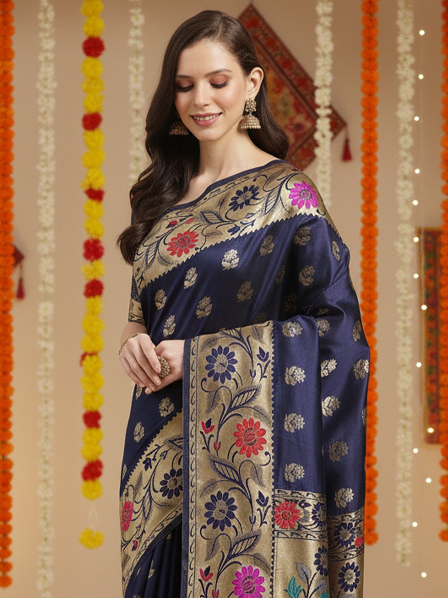 Navy Banarasi Silk Blend Woven Saree