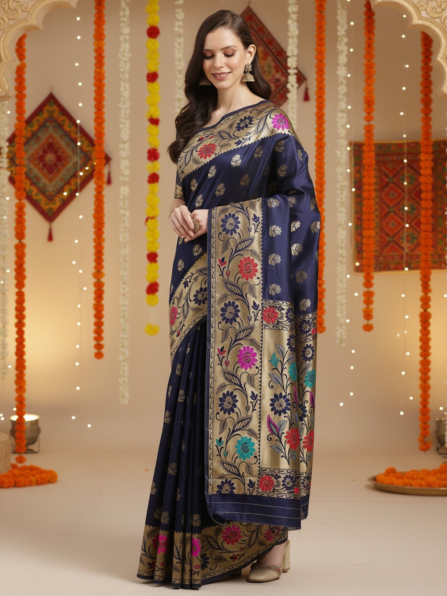 Blue Navy Banarasi Silk Blend Woven Saree
