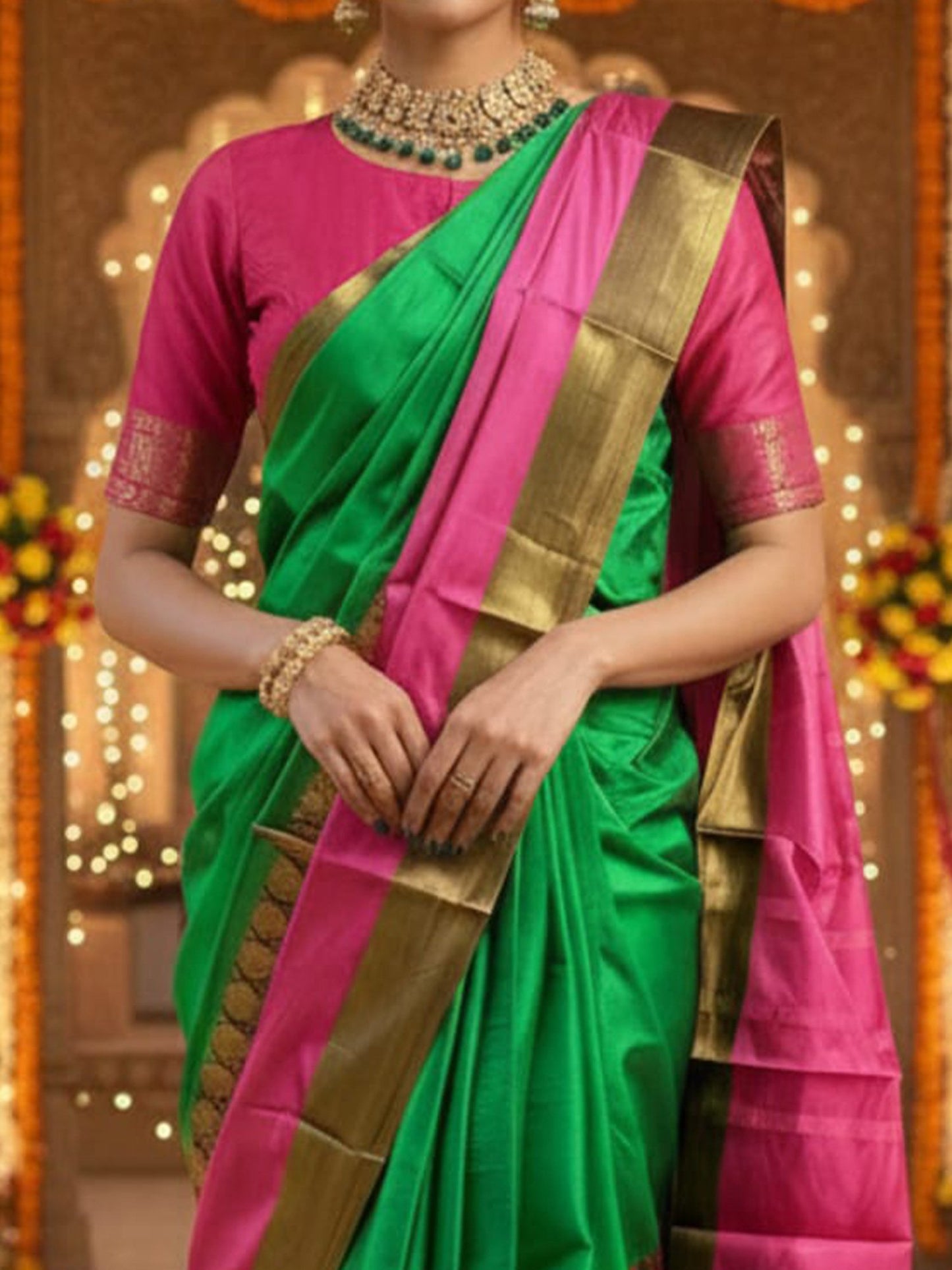 Green Banarasi Cotton Blend Woven Saree