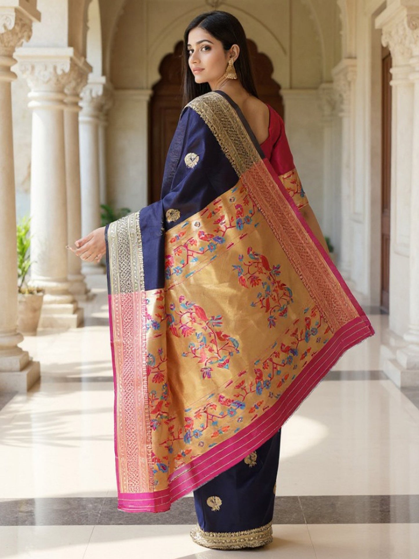 Navy Banarasi Silk Blend Woven Saree