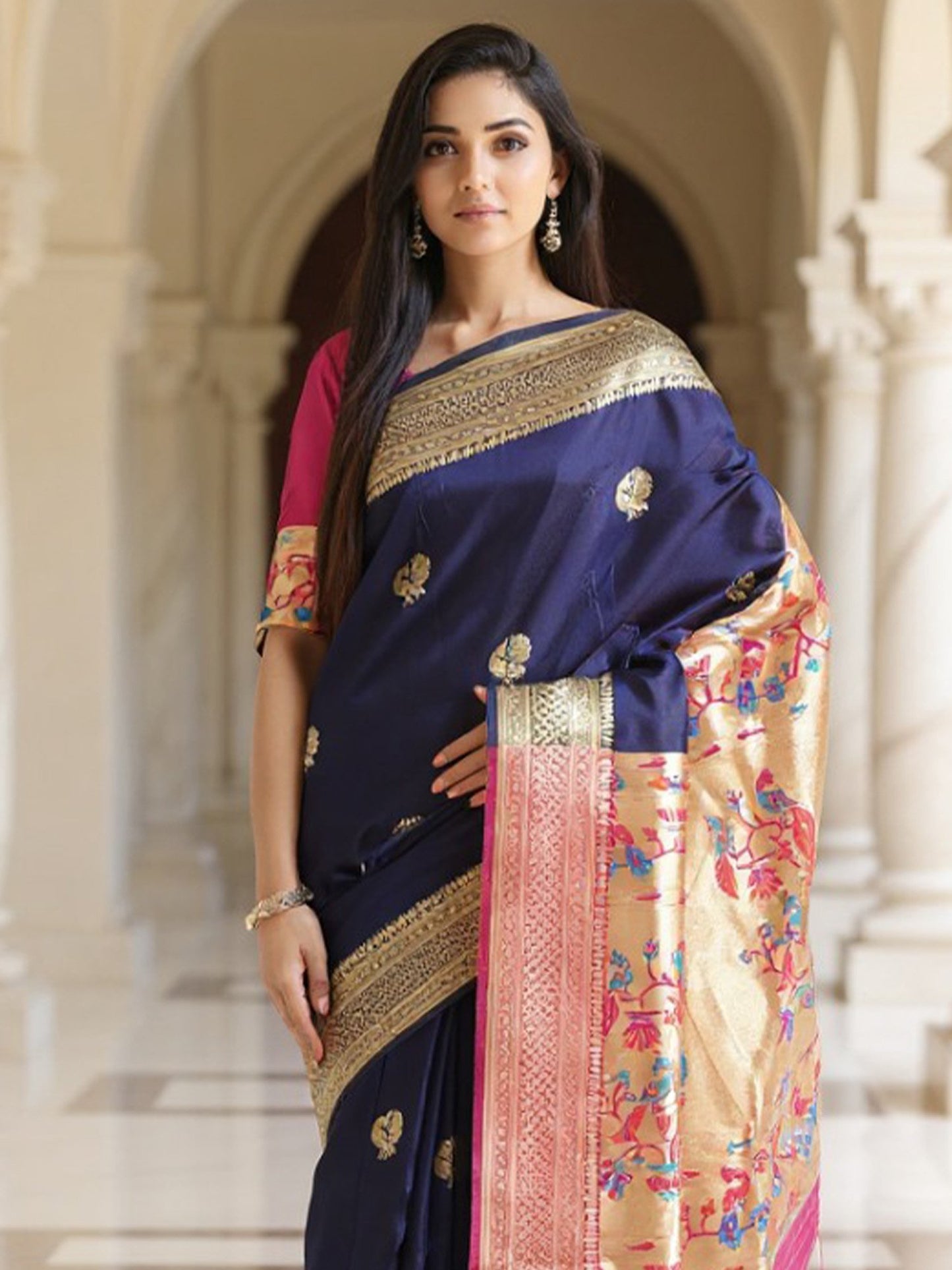Navy Banarasi Silk Blend Woven Saree