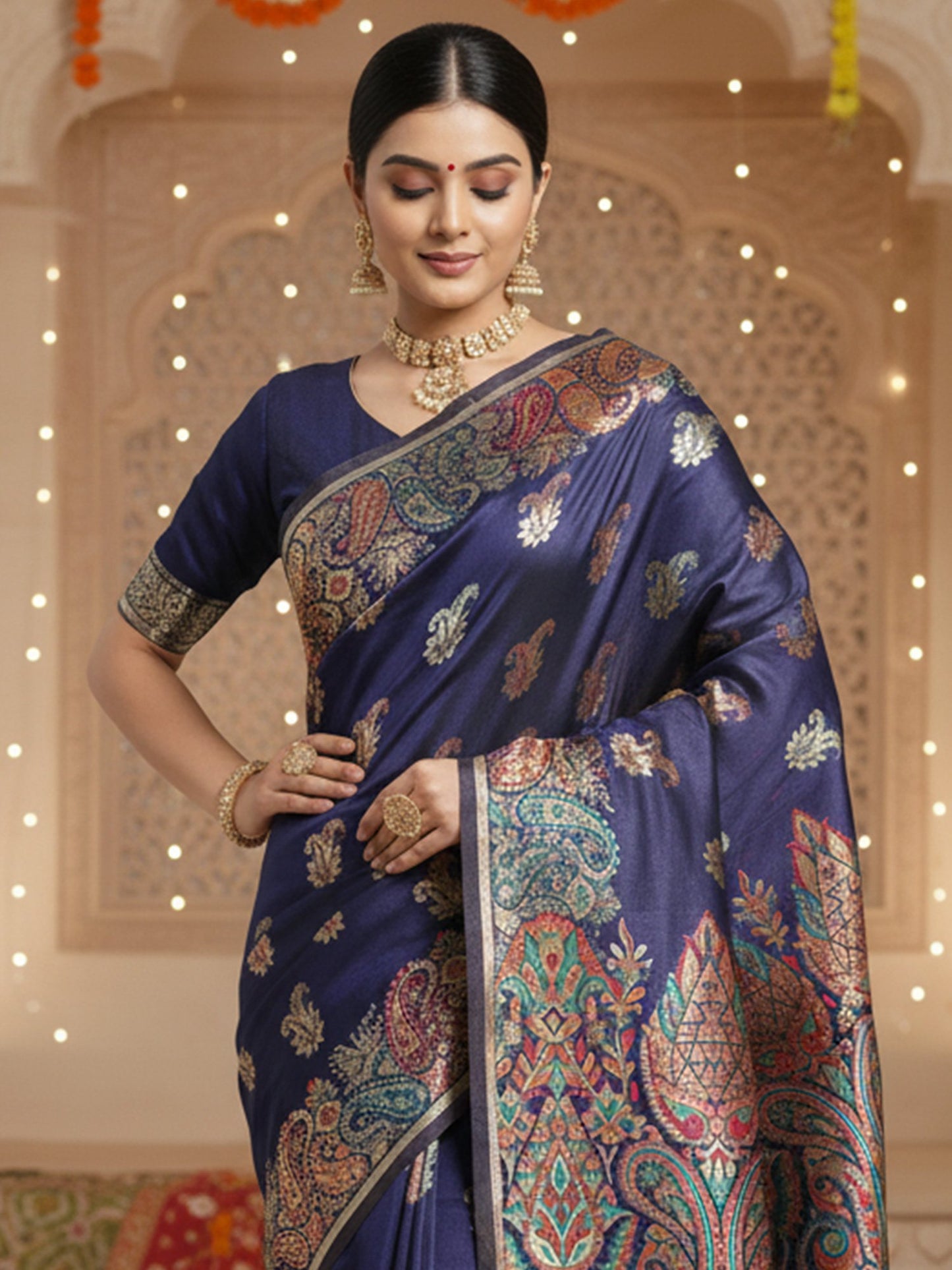 Navy Banarasi Silk Blend Woven Saree