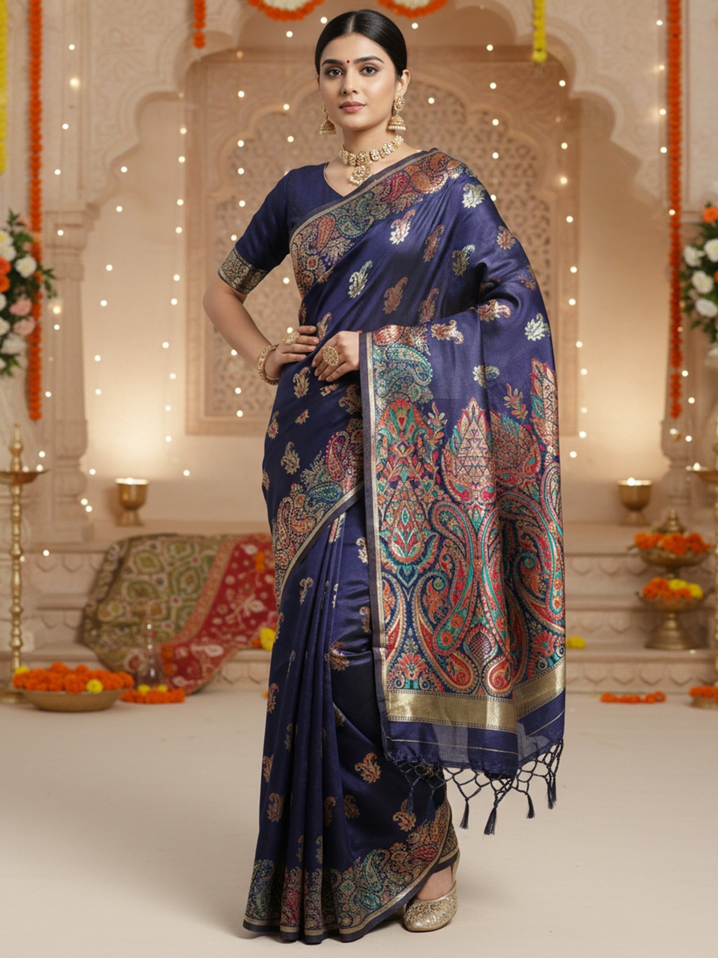 Navy Banarasi Silk Blend Woven Saree
