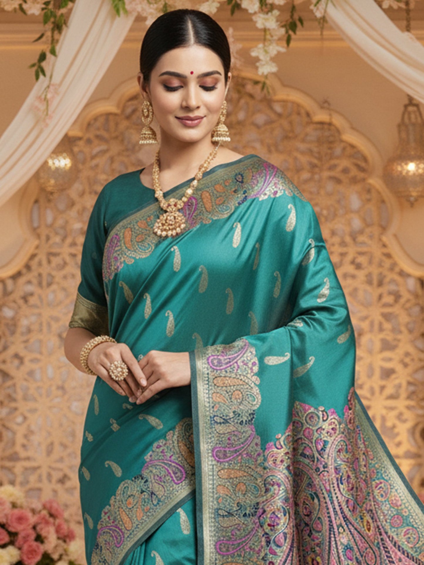 Teal Banarasi Silk Blend Woven Saree