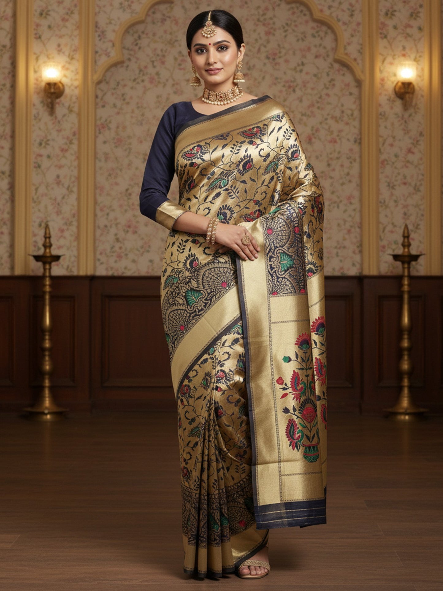 Gold Banarasi Silk Blend Woven Saree