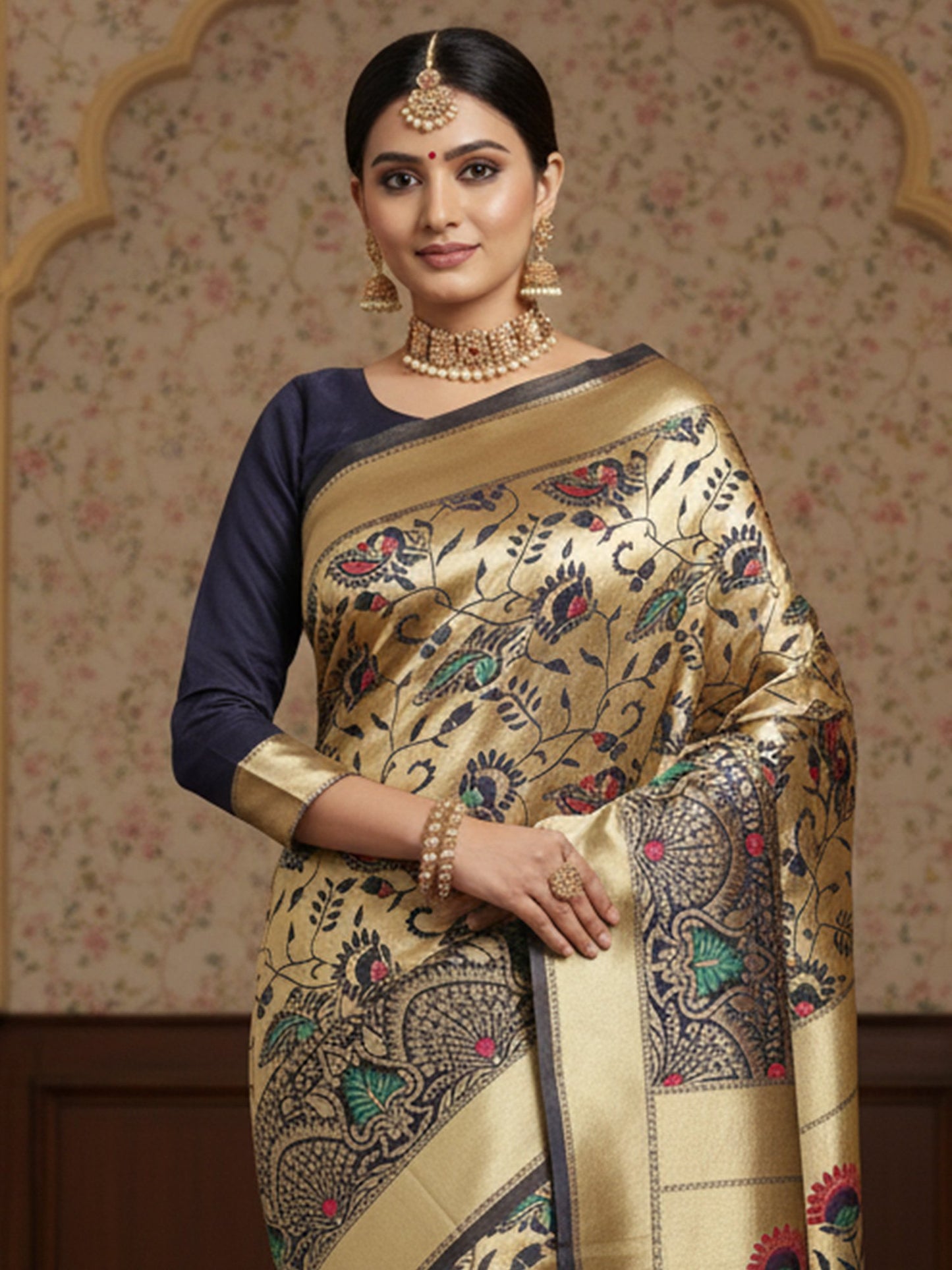 Gold Banarasi Silk Blend Woven Saree
