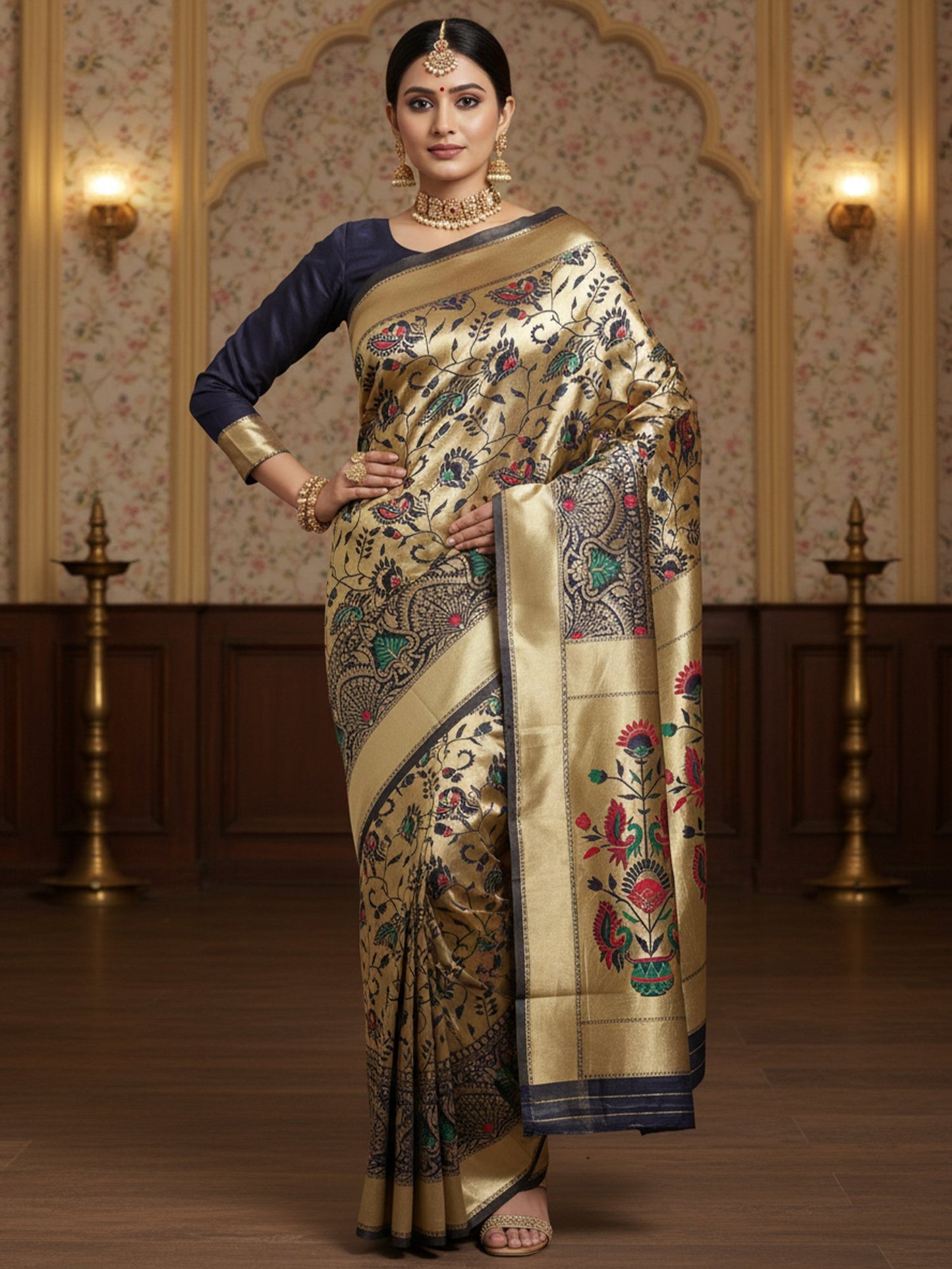 Golden Gold Banarasi Silk Blend Woven Saree