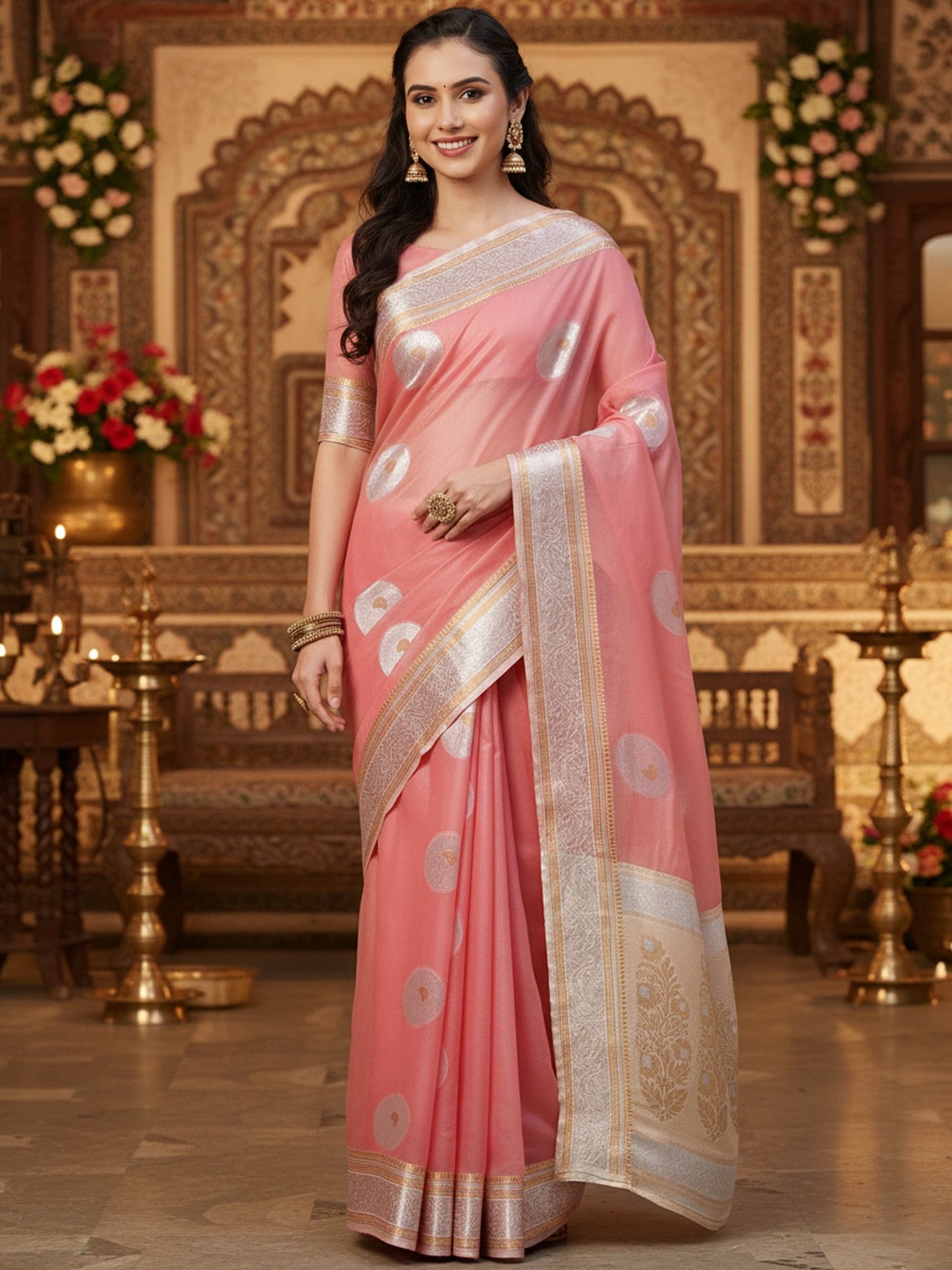 Pink Banarasi Silk Blend Woven Saree