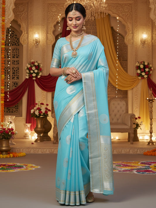 Blue Light Party Wear Silk Blend Woven Saree