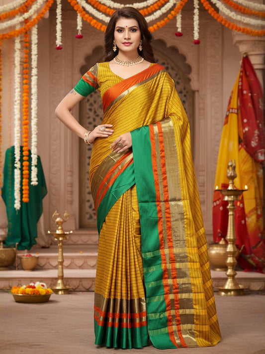Yellow Mustard Banarasi Cotton Silk Printed Saree