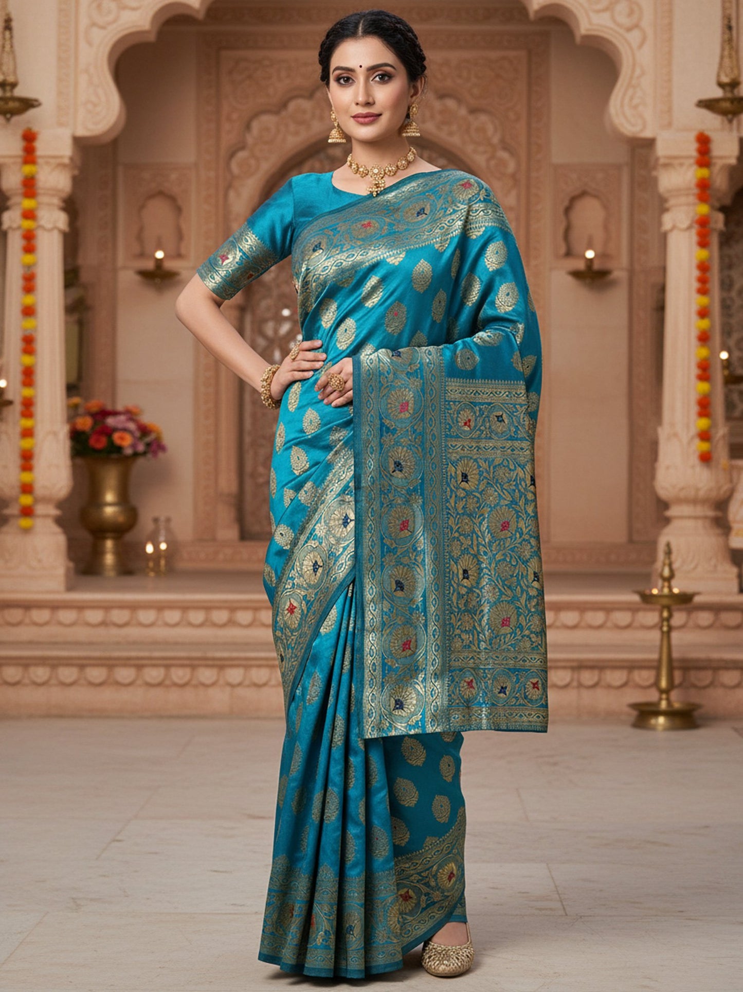 Blue Light Banarasi Silk Blend Woven Saree