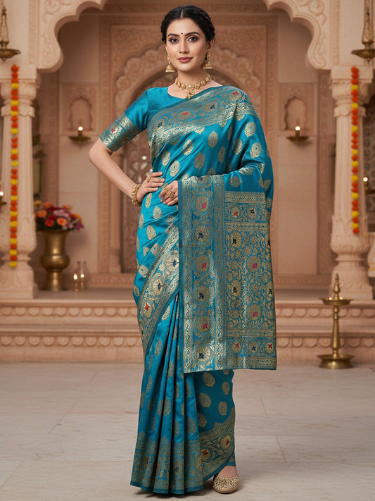Blue Light Banarasi Silk Blend Woven Saree