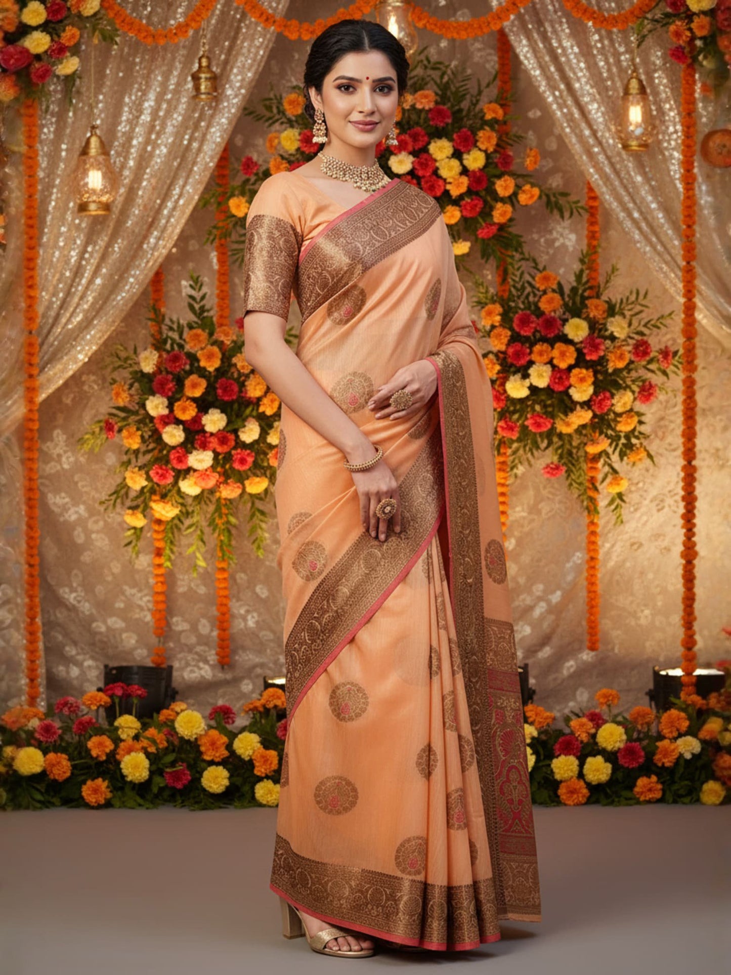 Peach Banarasi Silk Blend Woven Saree
