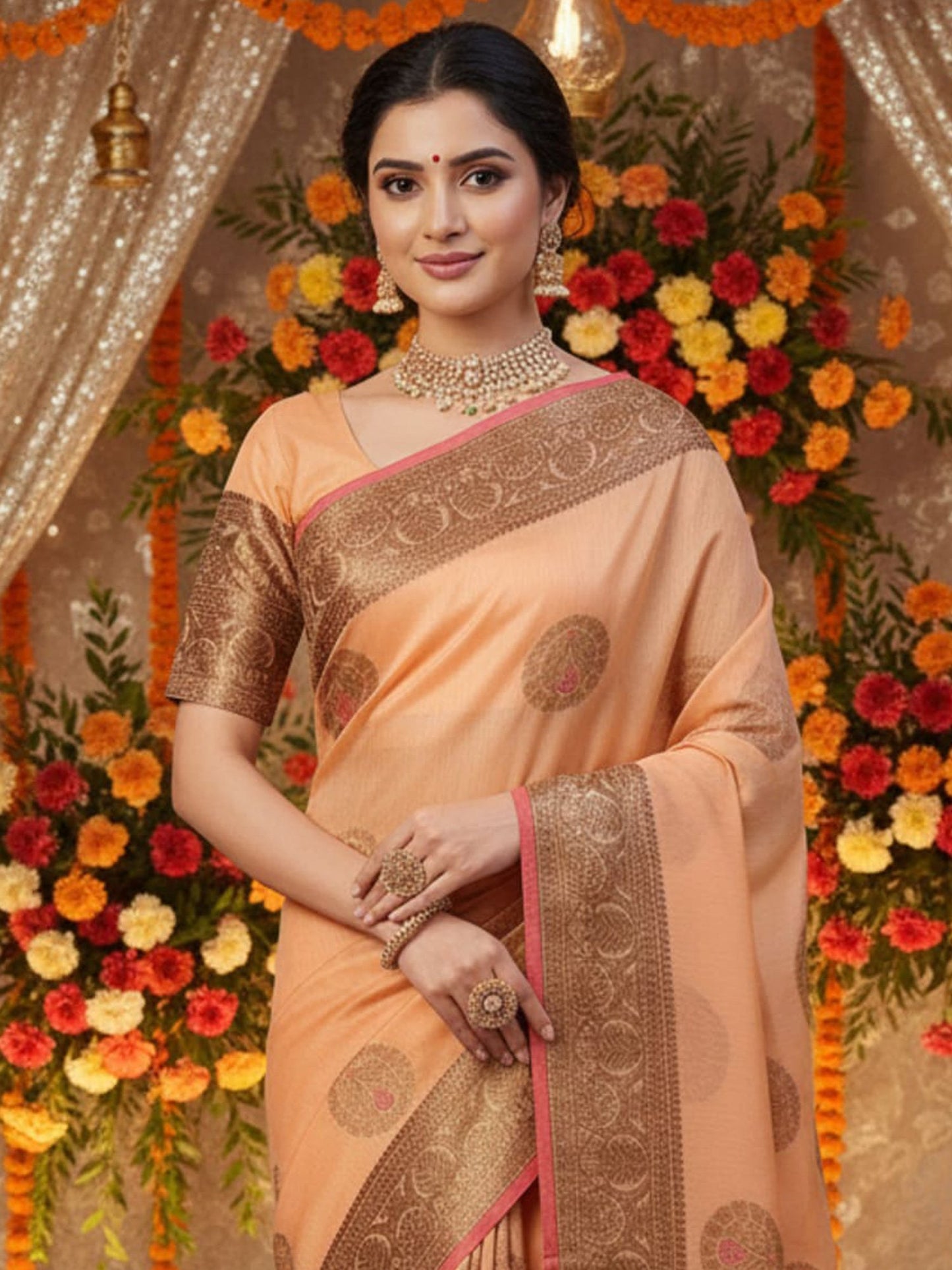 Peach Banarasi Silk Blend Woven Saree