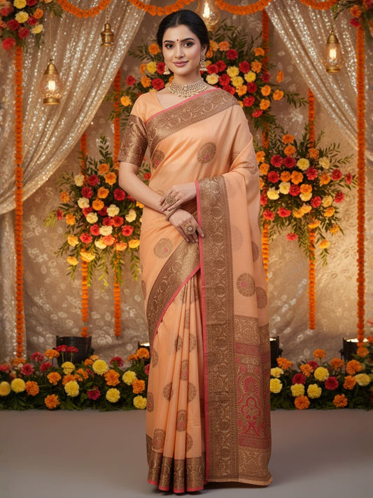 Pink Peach Banarasi Silk Blend Woven Saree