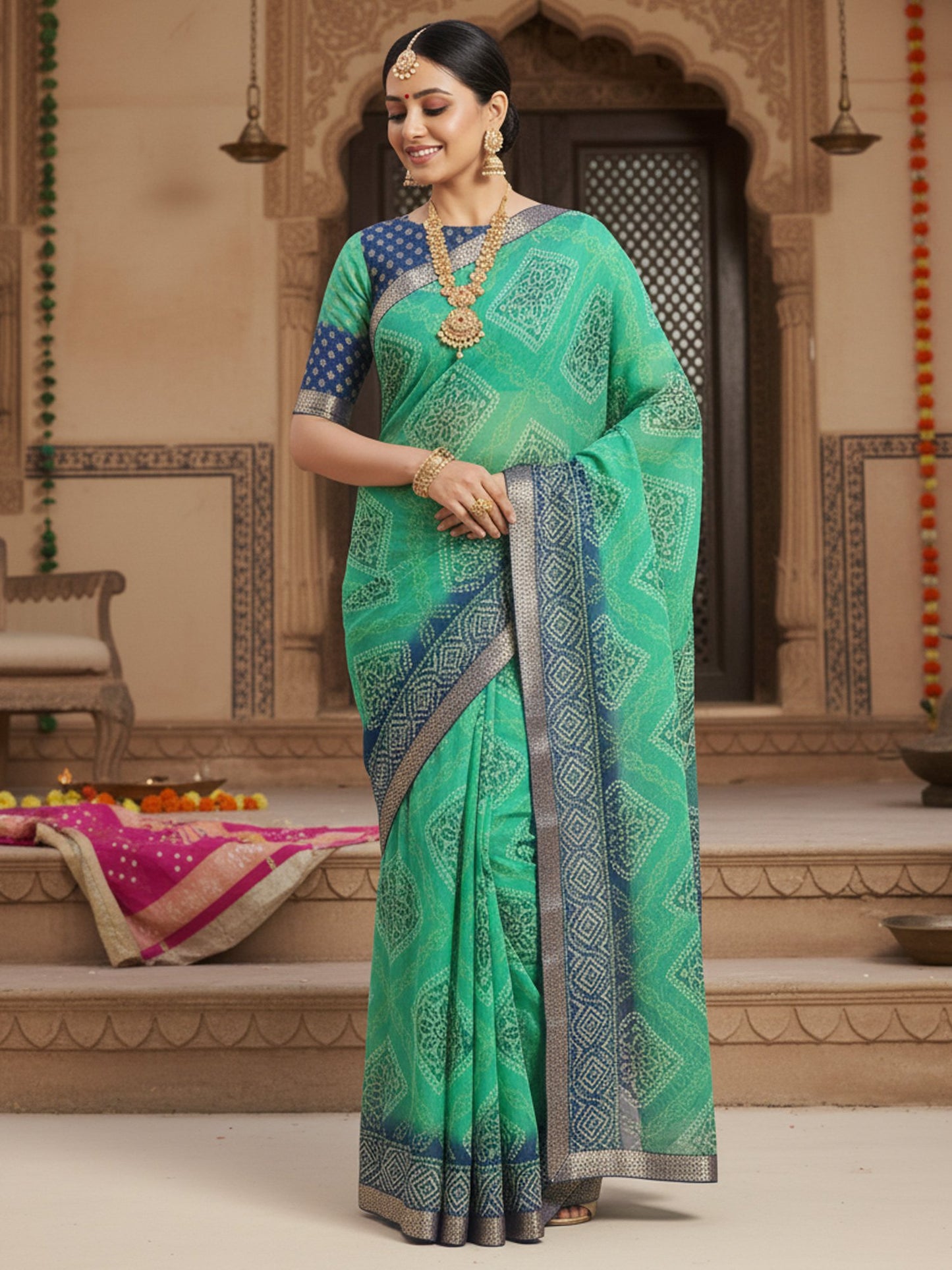 Green Bandhani Georgette Printed Saree