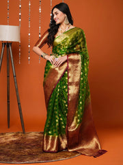 Timeless Green Banarasi Organza Wedding Saree - The Dori Store