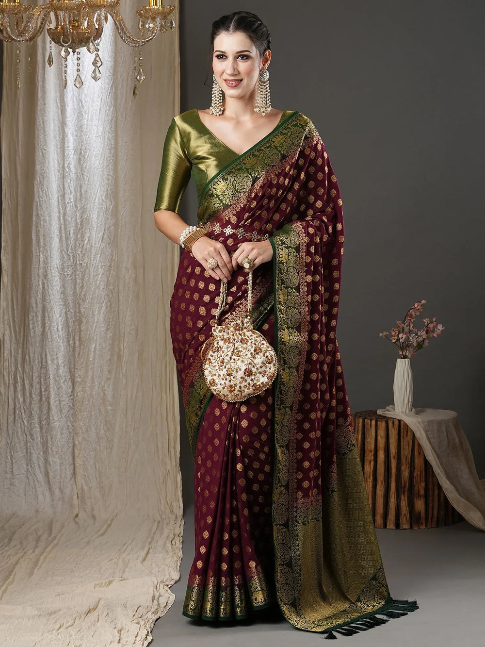 Exquisite Burgundy Georgette Banarasi Saree - The Dori Store