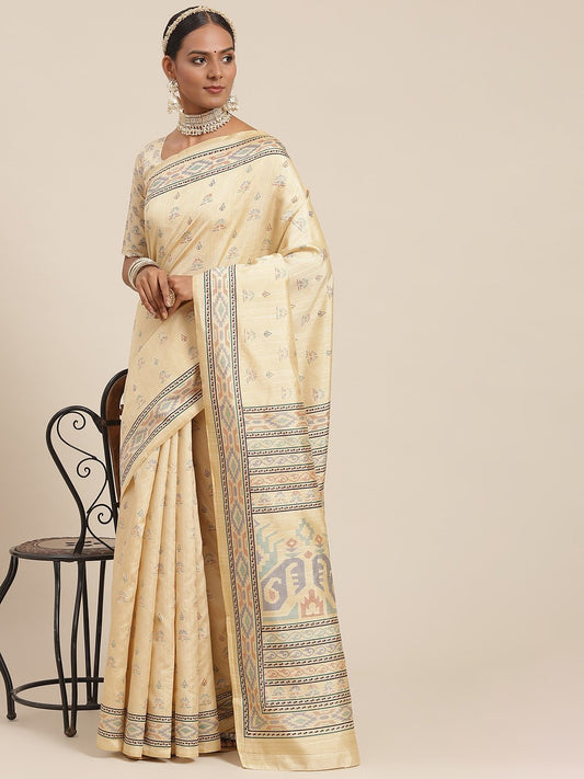 Cream  Beige Ikat Bhagalpuri Silk Printed Saree