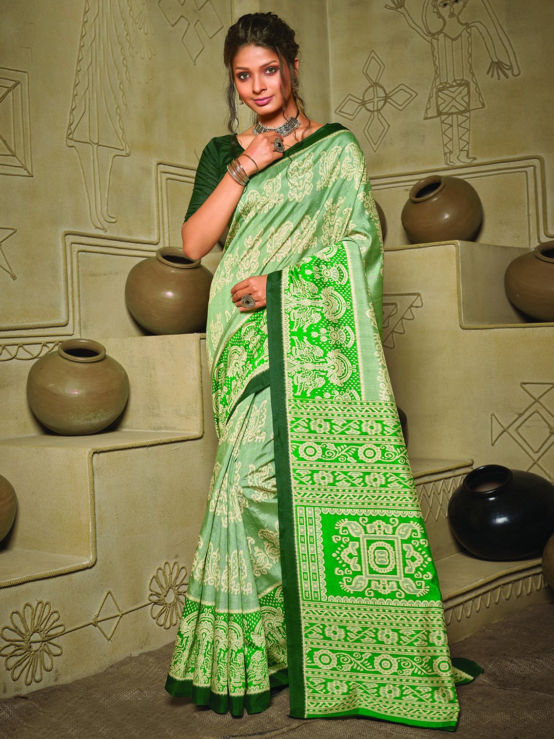 Green Green Ikat Bhagalpuri Silk Printed Saree
