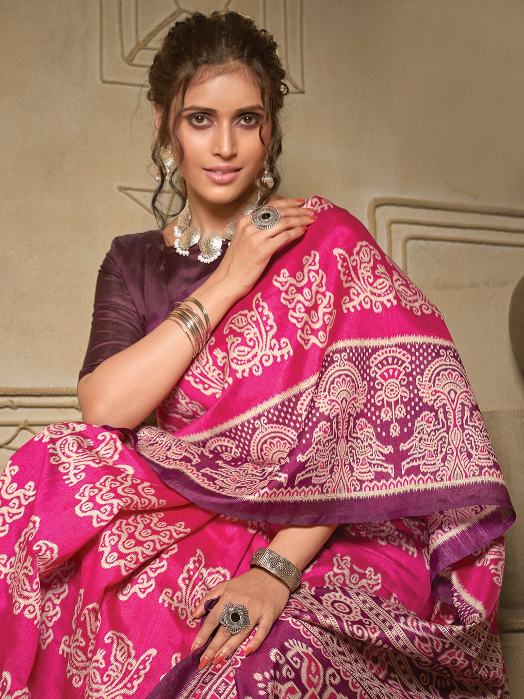 Pink Ikat Bhagalpuri Silk Printed Saree
