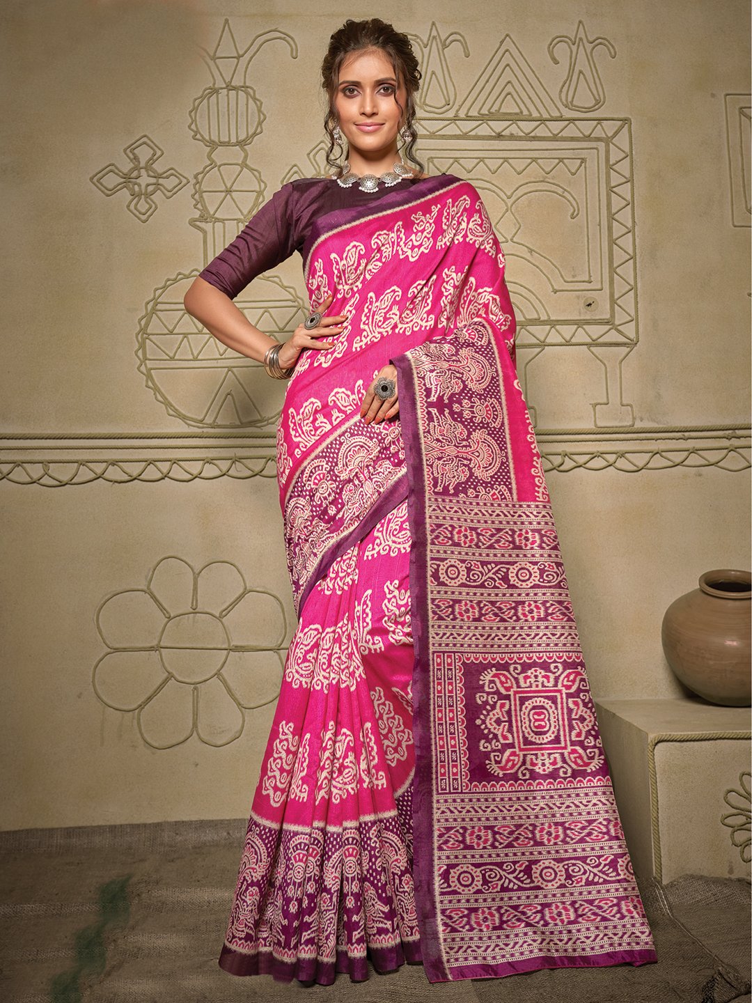 Pink Pink Ikat Bhagalpuri Silk Printed Saree