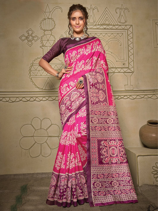 Pink Pink Ikat Bhagalpuri Silk Printed Saree