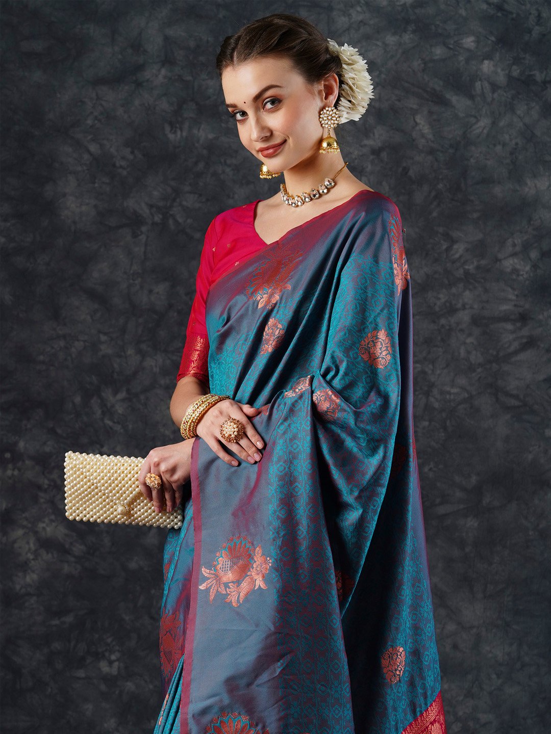 Teal Banarasi Silk Blend Woven Saree