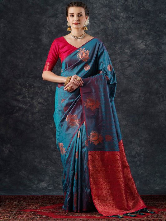 Blue Teal Banarasi Silk Blend Woven Saree
