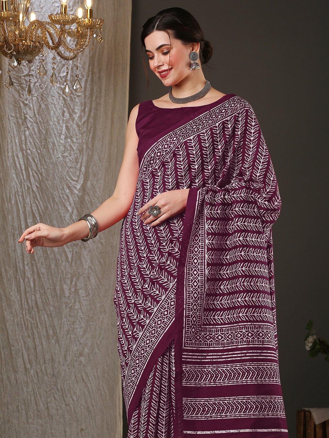 Magenta Dabu Bhagalpuri Silk Printed Saree