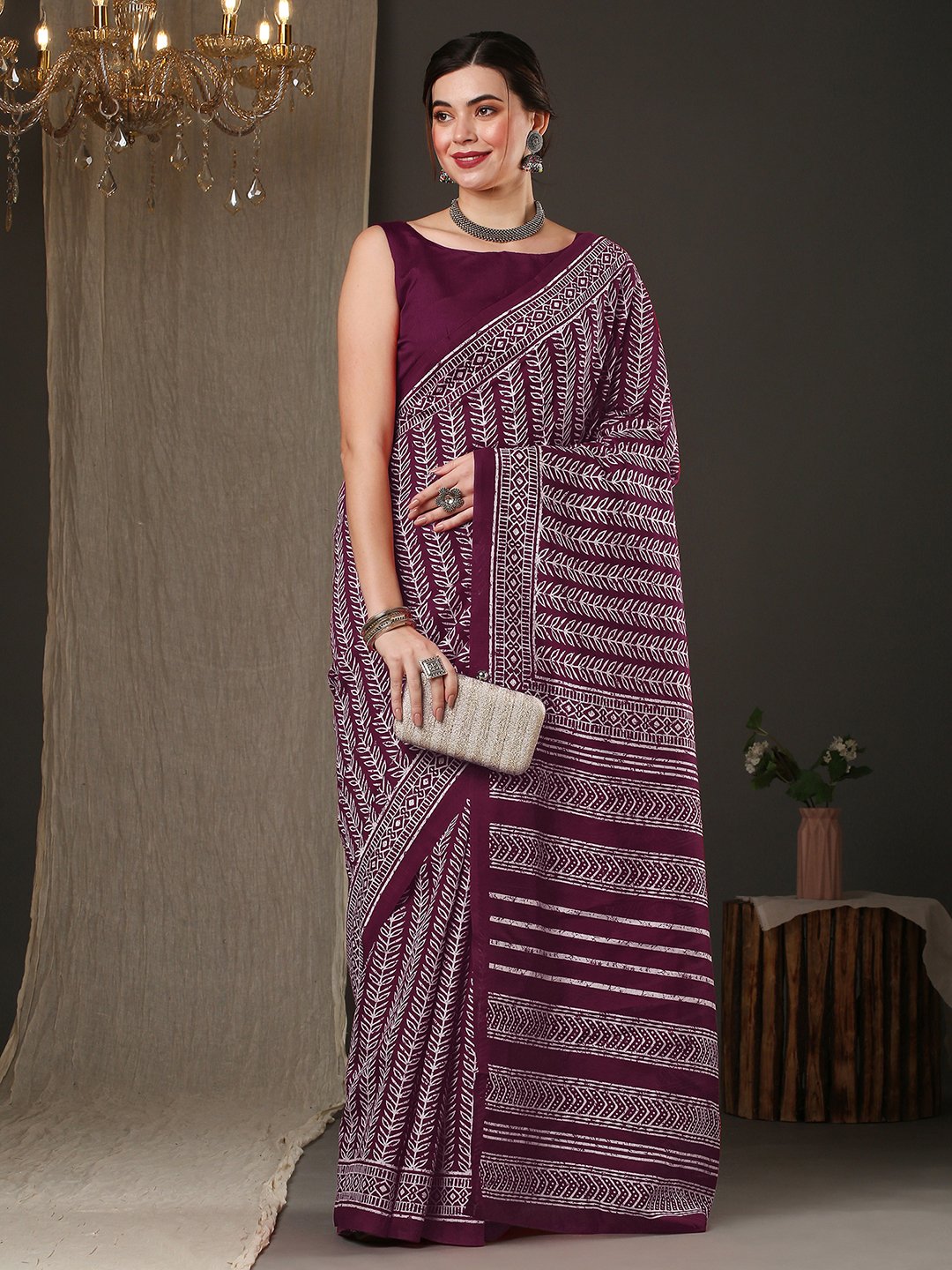 Magenta Dabu Bhagalpuri Silk Printed Saree