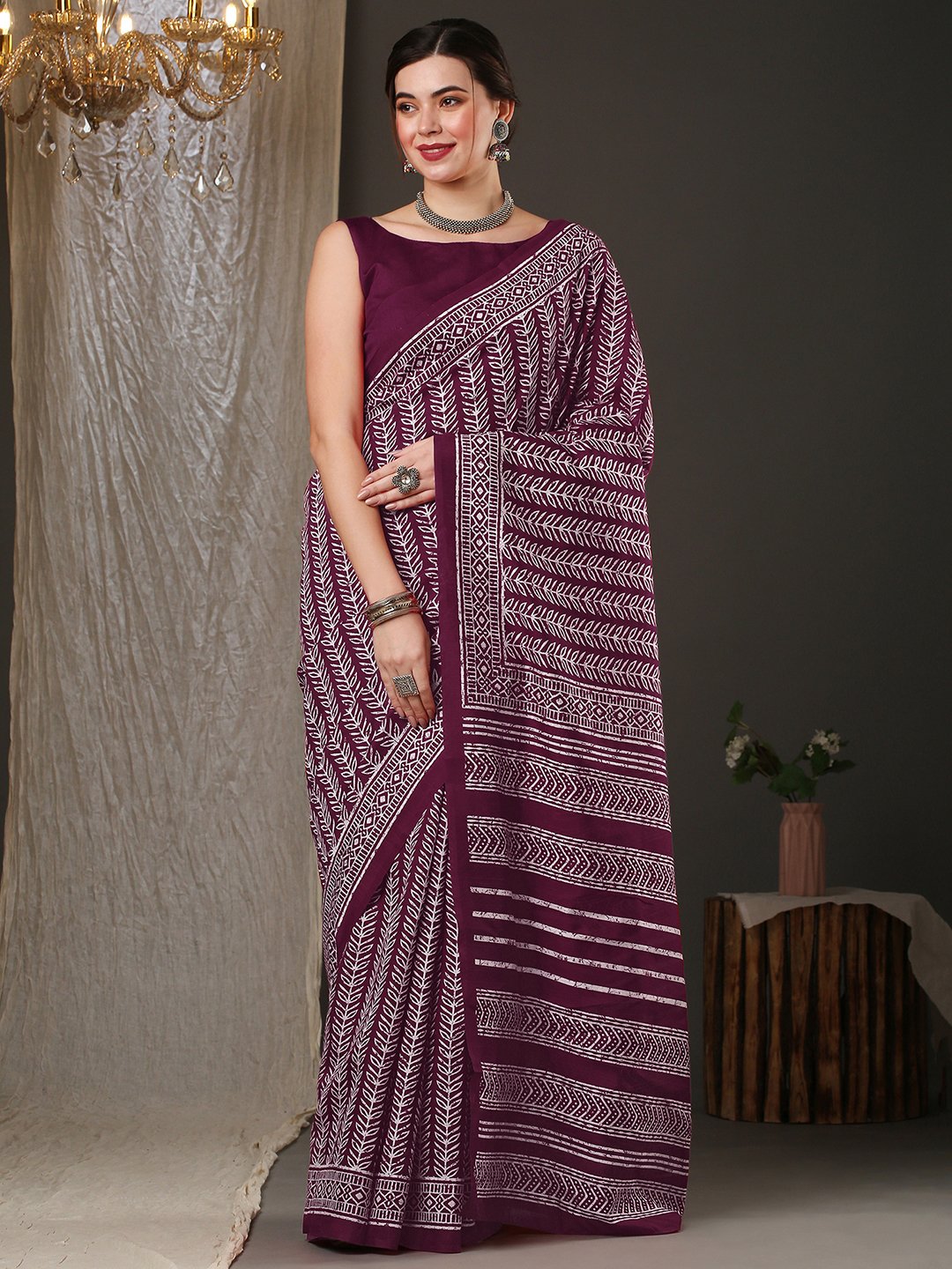 Purple Magenta Dabu Bhagalpuri Silk Printed Saree