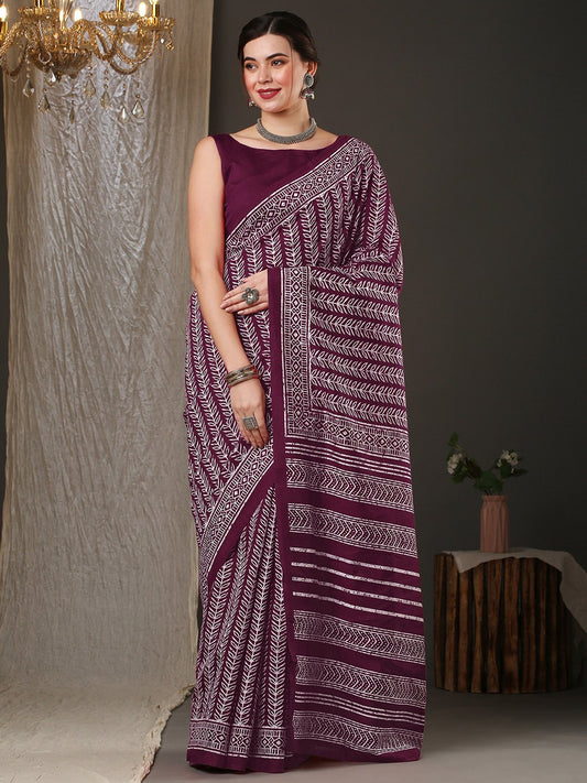 Purple Magenta Dabu Bhagalpuri Silk Printed Saree