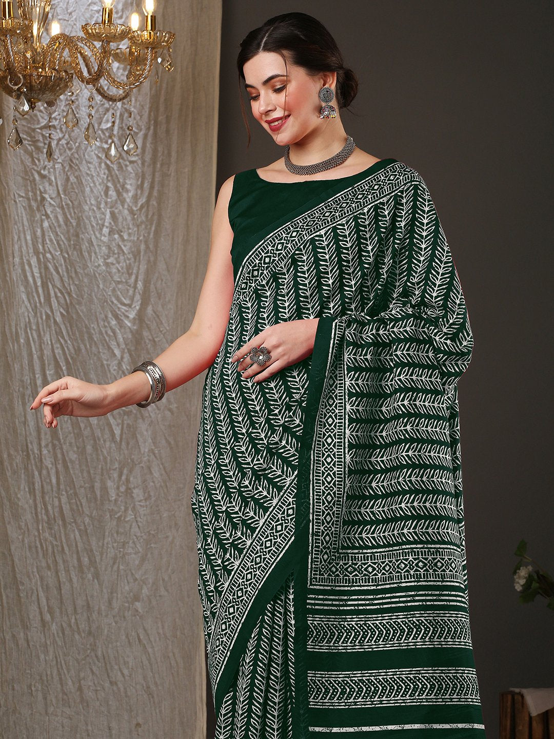 Green Dabu Bhagalpuri Silk Printed Saree