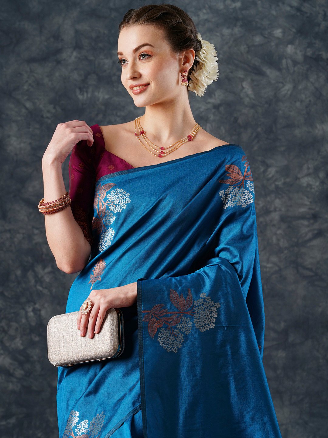 Blue Banarasi Silk Blend Woven Saree