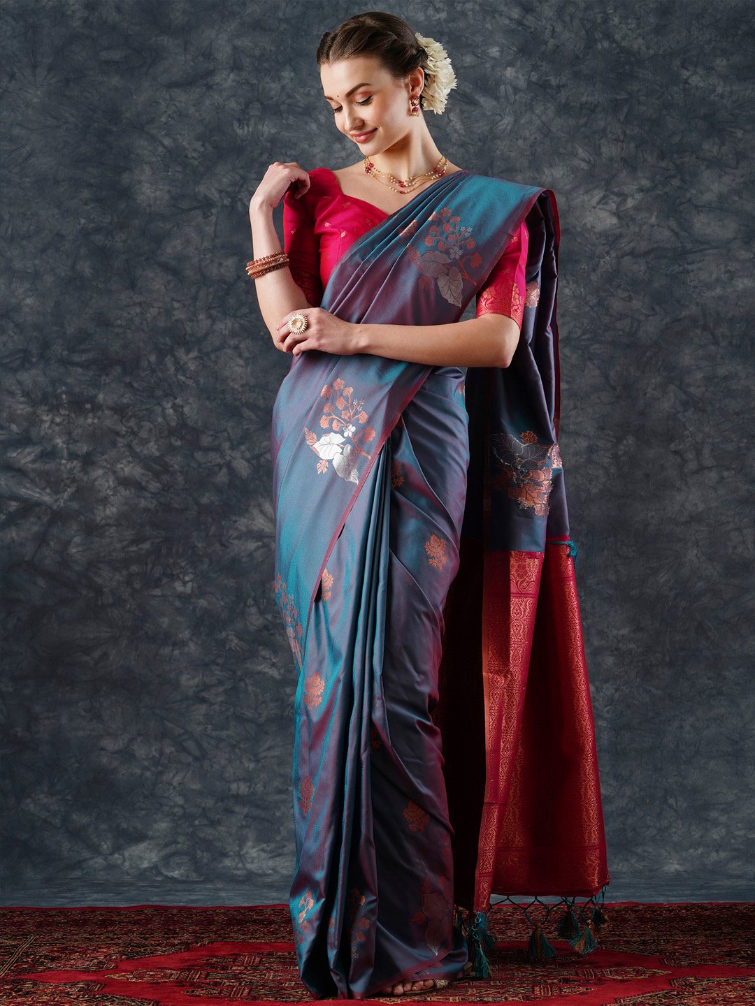 Blue Teal Banarasi Silk Blend Woven Saree