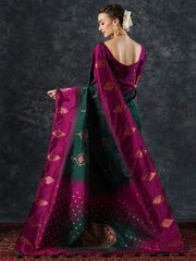 Green Banarasi Silk Blend Woven Saree - The Dori Store