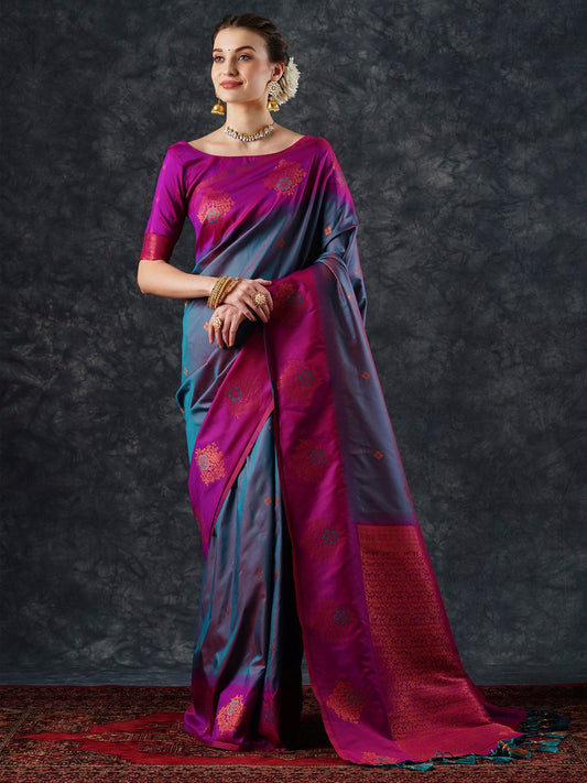 Blue Teal Banarasi Silk Blend Woven Saree